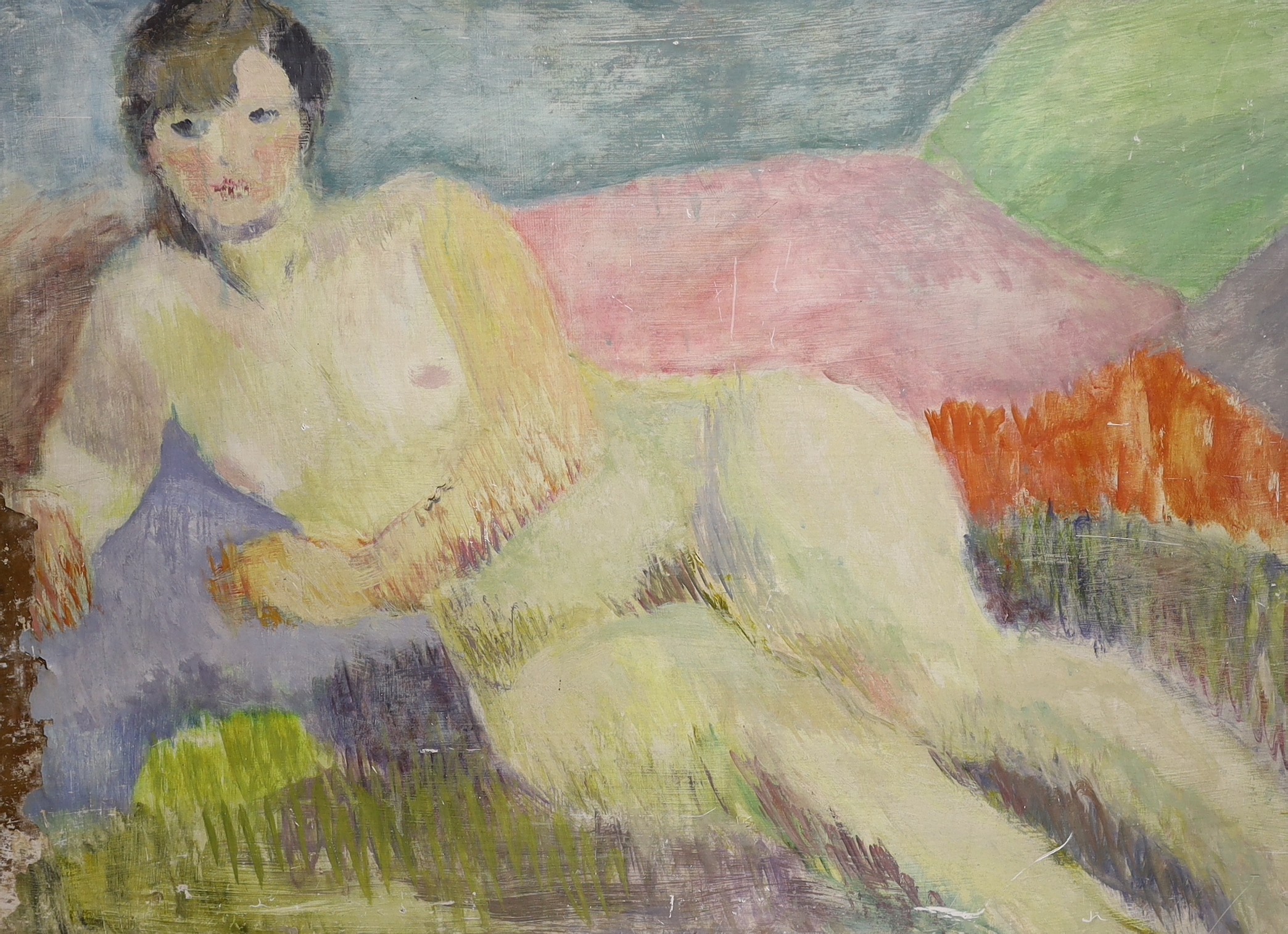 Modern British, oil on board, Reclining female nude, 69 x 95cm, unframed